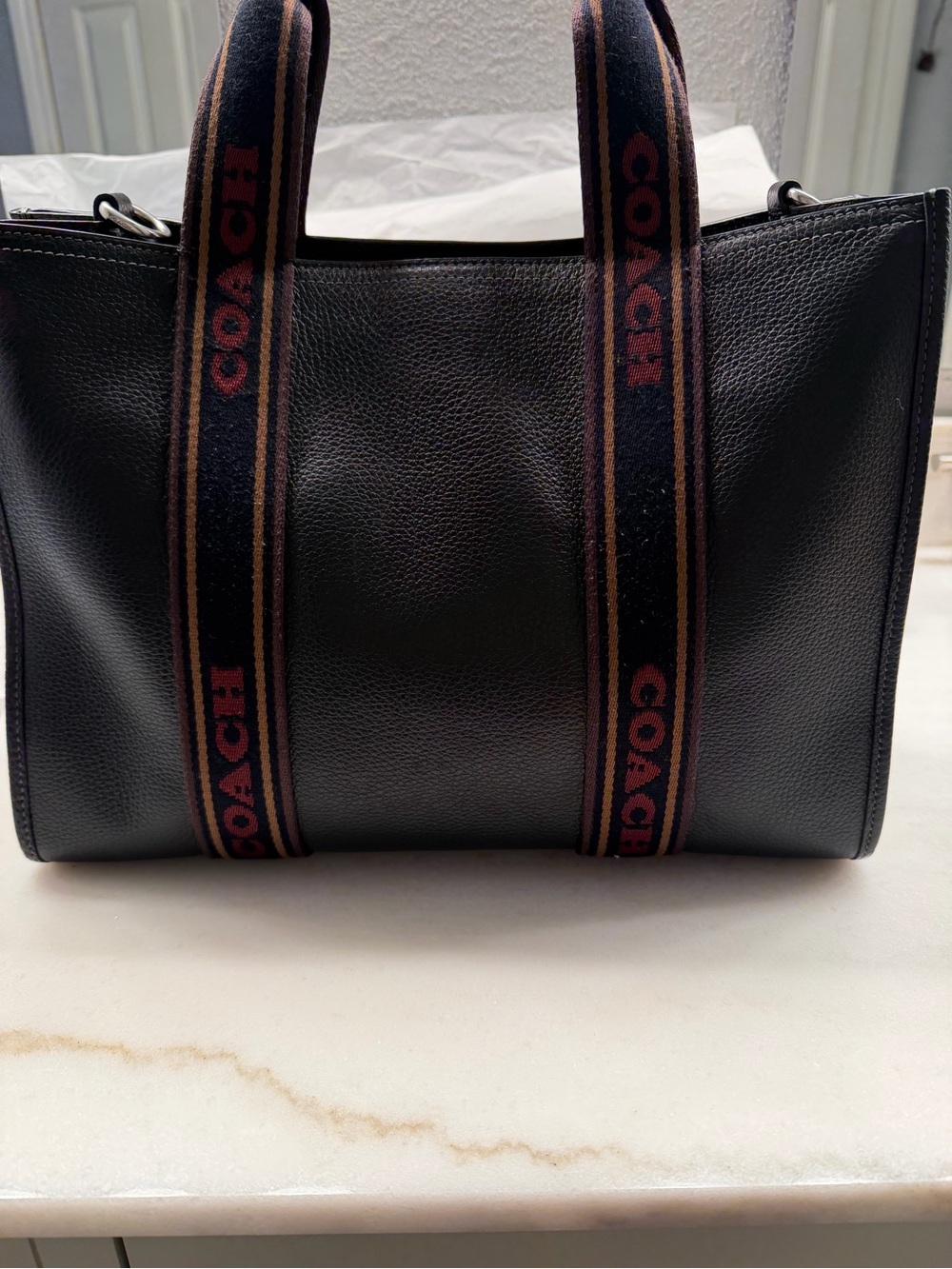 Coach Black Leather Messenger with Branded Brown-Trim Straps